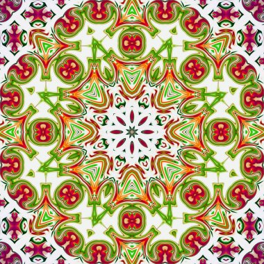 Benzersiz mandala, Oriental yuvarlak desen, mistik motifi, egzotik arka plan. Fantastik fraktal tasarım, geometrik doku parlayan renkli dijital sanat.