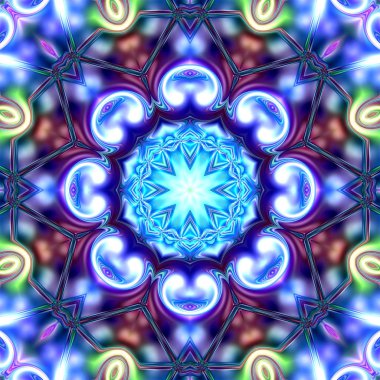 Benzersiz mandala, oryantal model, mistik motifi, arka plan. Fantastik fraktal tasarım, renkli dijital sanat, geometrik doku.