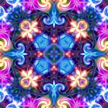 Benzersiz mandala, oryantal model, mistik motifi, arka plan. Fantastik fraktal tasarım, renkli dijital sanat, geometrik doku.