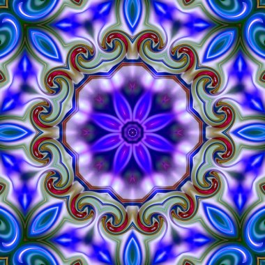 Benzersiz mandala, Oriental yuvarlak desen, mistik motifi, egzotik arka plan. Fantastik fraktal tasarım, geometrik doku parlayan renkli dijital sanat.