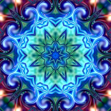 Benzersiz mandala, Oriental yuvarlak desen, mistik motifi, egzotik arka plan. Fantastik fraktal tasarım, geometrik doku parlayan renkli dijital sanat.