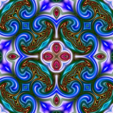 Benzersiz mandala, Oriental yuvarlak desen, mistik motifi, egzotik arka plan. Fantastik fraktal tasarım, geometrik doku parlayan renkli dijital sanat.