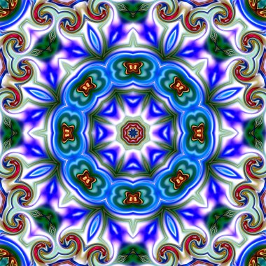 Benzersiz mandala, Oriental yuvarlak desen, mistik motifi, egzotik arka plan. Fantastik fraktal tasarım, geometrik doku parlayan renkli dijital sanat.