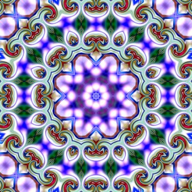 Benzersiz mandala, Oriental yuvarlak desen, mistik motifi, egzotik arka plan. Fantastik fraktal tasarım, geometrik doku parlayan renkli dijital sanat.