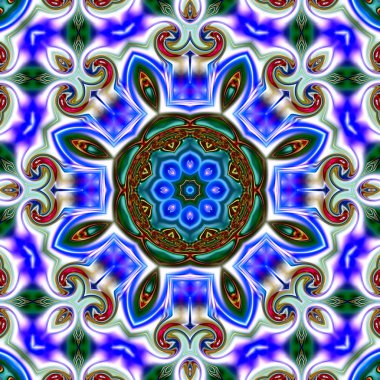 Benzersiz mandala, Oriental yuvarlak desen, mistik motifi, egzotik arka plan. Fantastik fraktal tasarım, geometrik doku parlayan renkli dijital sanat.