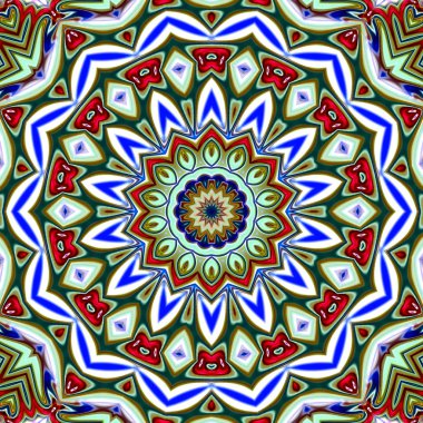 Benzersiz mandala, Oriental yuvarlak desen, mistik motifi, egzotik arka plan. Fantastik fraktal tasarım, geometrik doku parlayan renkli dijital sanat.