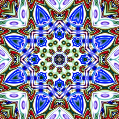 Benzersiz mandala, Oriental yuvarlak desen, mistik motifi, egzotik arka plan. Fantastik fraktal tasarım, geometrik doku parlayan renkli dijital sanat.