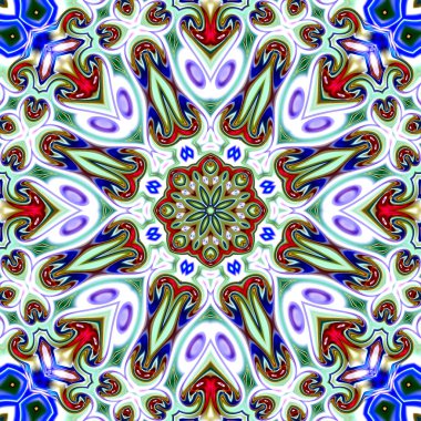 Benzersiz mandala, Oriental yuvarlak desen, mistik motifi, egzotik arka plan. Fantastik fraktal tasarım, geometrik doku parlayan renkli dijital sanat.