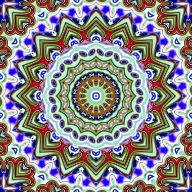 Benzersiz mandala, Oriental yuvarlak desen, mistik motifi, egzotik arka plan. Fantastik fraktal tasarım, geometrik doku parlayan renkli dijital sanat.
