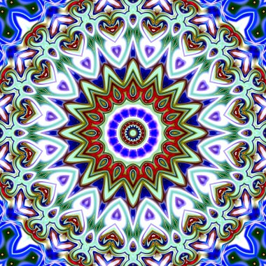 Benzersiz mandala, Oriental yuvarlak desen, mistik motifi, egzotik arka plan. Fantastik fraktal tasarım, geometrik doku parlayan renkli dijital sanat.