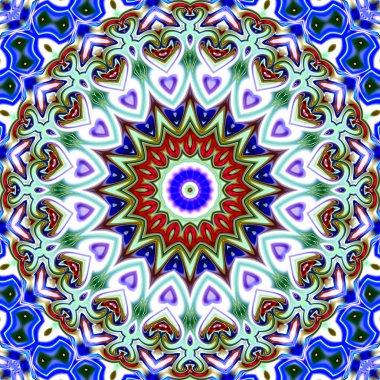 Benzersiz mandala, Oriental yuvarlak desen, mistik motifi, egzotik arka plan. Fantastik fraktal tasarım, geometrik doku parlayan renkli dijital sanat.