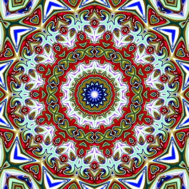 Benzersiz mandala, Oriental yuvarlak desen, mistik motifi, egzotik arka plan. Fantastik fraktal tasarım, geometrik doku parlayan renkli dijital sanat.