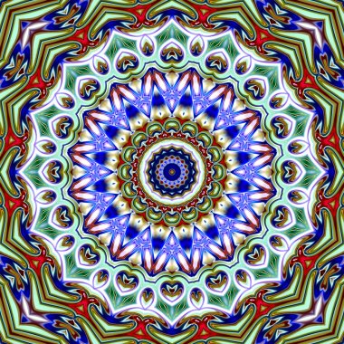 Benzersiz mandala, Oriental yuvarlak desen, mistik motifi, egzotik arka plan. Fantastik fraktal tasarım, geometrik doku parlayan renkli dijital sanat.