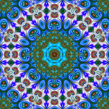 Benzersiz mandala, Oriental yuvarlak desen, mistik motifi, egzotik arka plan. Fantastik fraktal tasarım, geometrik doku parlayan renkli dijital sanat.