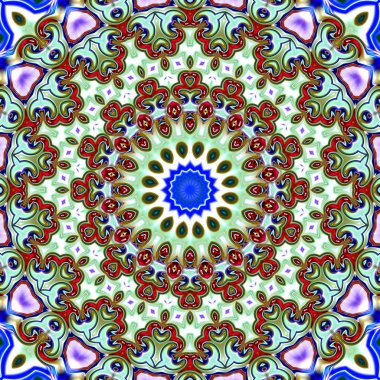 Benzersiz mandala, Oriental yuvarlak desen, mistik motifi, egzotik arka plan. Fantastik fraktal tasarım, geometrik doku parlayan renkli dijital sanat.