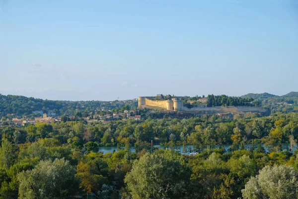 Oude Vesting Een Heuvel Rivier Rhône Het Gouden Uur Avignon — Stockfoto