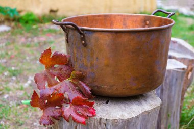 Yağmurda Provence bahçesindeki selvi ağacının üzerinde boş bir bakır tencere ve bir sarmaşık dalı. Kırsal yaşam.