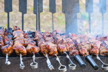 Ukrayna 'da ızgarada dumanla pişirilmiş kebap. Ev karantinası. Ev yapımı gıda konsepti.