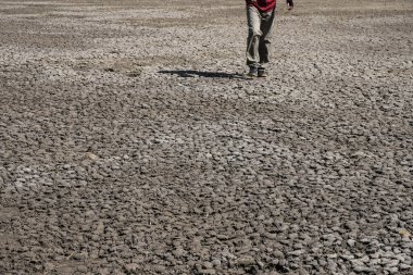 İnsan vücudunun bir parçası. Bir adam Ukrayna 'da kurumuş bir gölün dibinde yürüyor. Ekolojik felaket. Boşluğu kopyala.