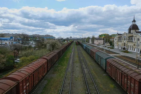 Gare Lutsk Ukraine Bâtiment Gare Des Wagons Marchandises Dans Une — Photo