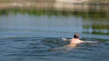 59 yaşında bir adam Ukrayna 'da ıssız bir orman gölünün berrak sularında yüzüyor. Su ormanı yansıtır..