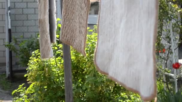 Wet washed carpets dry in sun in spring, dripping water, on background of house — Stock Video