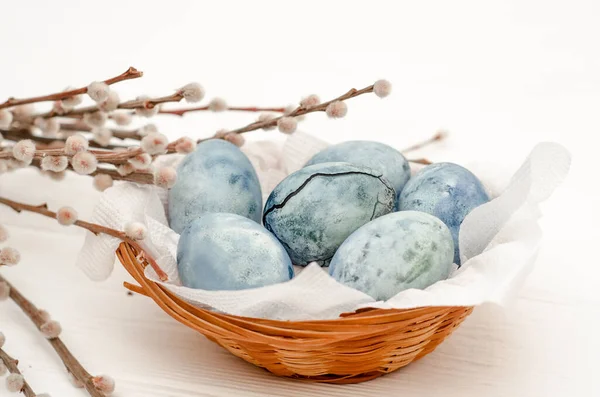 Beş mavi yumurta, amber çayına boyanmış, söğüt dallarının yanındaki sepette, kopyalanmış Paskalya kartı için arka plan