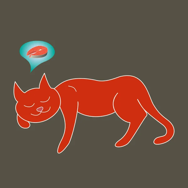 Gato Rojo Con Contorno Blanco Acostado Dormido Soñando Con Peces — Vector de stock
