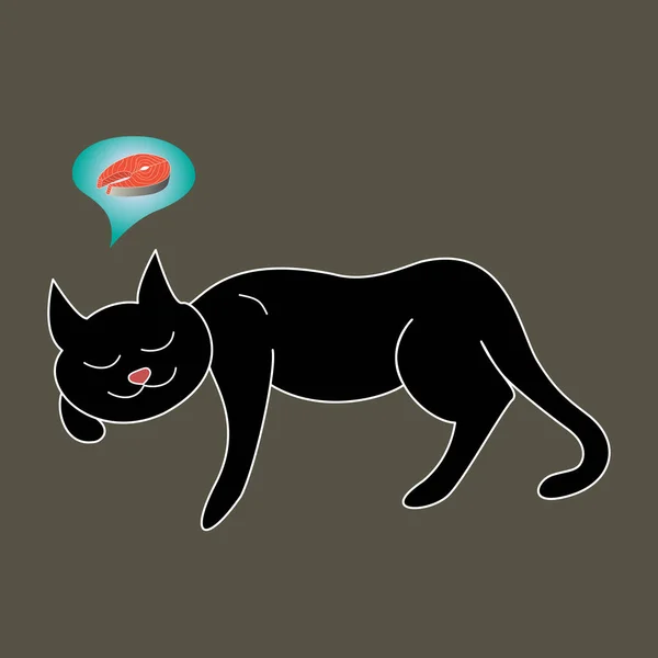 白色轮廓的黑猫梦游着红鱼 — 图库矢量图片
