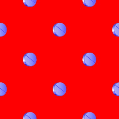 Kırmızı arka planda mavi yuvarlak hapların kusursuz deseni, giysi ve kumaş için tıbbi geçmiş