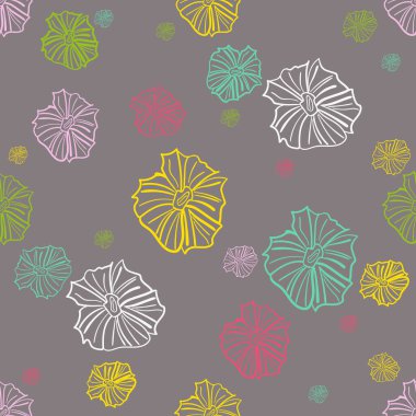 Botanik el, renksiz vektör deseni çizmiş. Koyu sarı, mor, yeşil çiçekli gri renkli arkaplan çizimi. Duvar kağıdı, ambalaj kağıdı, havlu, kumaş
