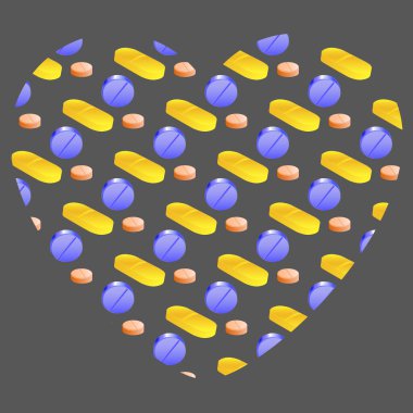 Kalp şeklinde karışık mavi, turuncu, gri arka planda sarı haplar, giysi ve kumaş için tıbbi logo.