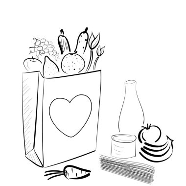 Karantina sırasında evsizler ve saf insanlar için yiyecek torbası. Taslak el çizimi biçiminde beyaz renk üzerine vektör konsepti çizimi