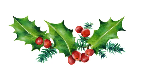 Weihnachtsgeschäft Stechpalme Blätter Und Rote Beeren Aquarell Illustration Isoliert Auf — Stockfoto