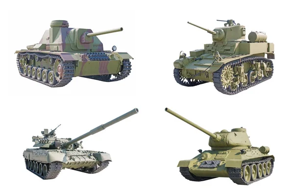 Sammlung alter Panzer auf weißem Hintergrund. — Stockfoto