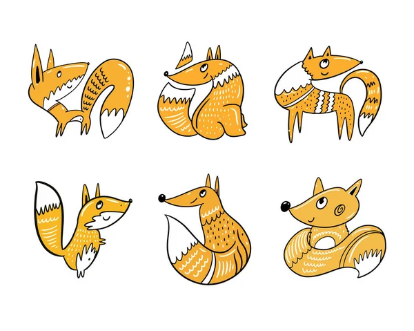 Cute Fox w stylu kreskówki zestaw. Ręcznie rysowane kolorowe wektor ilustracji. — Wektor stockowy