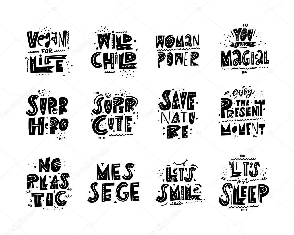 Cute Motivation phrases collection set. Hand drawn vector illustration in cartoon style. Black ink.