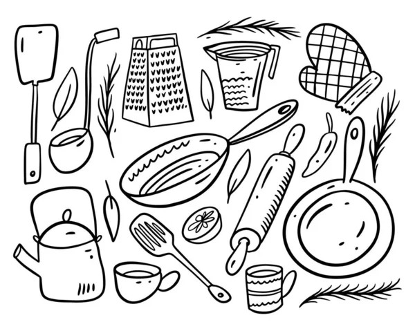 Коллекционный набор кухонных предметов. Ручной рисунок векторной иллюстрации в стиле мультфильма. Чернила Балька . — стоковый вектор