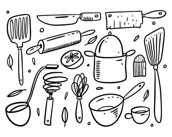 Кухонные предметы устанавливают иконки. Ручной рисунок векторной иллюстрации в стиле мультфильма. Цвет балька . — стоковый вектор
