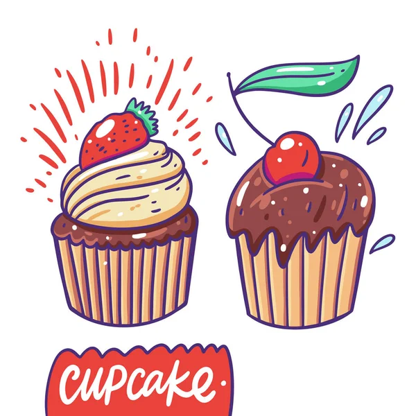 Cupcakes com cereja e morango. Ilustração vetorial desenhada à mão. Estilo de desenho animado plano . — Vetor de Stock