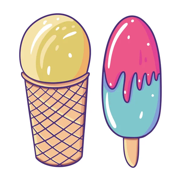 Gelato al limone in tazza di waffle e ghiacciolo su un bastoncino. Illustrazione vettoriale disegnata a mano. Stile piatto cartone animato . — Vettoriale Stock