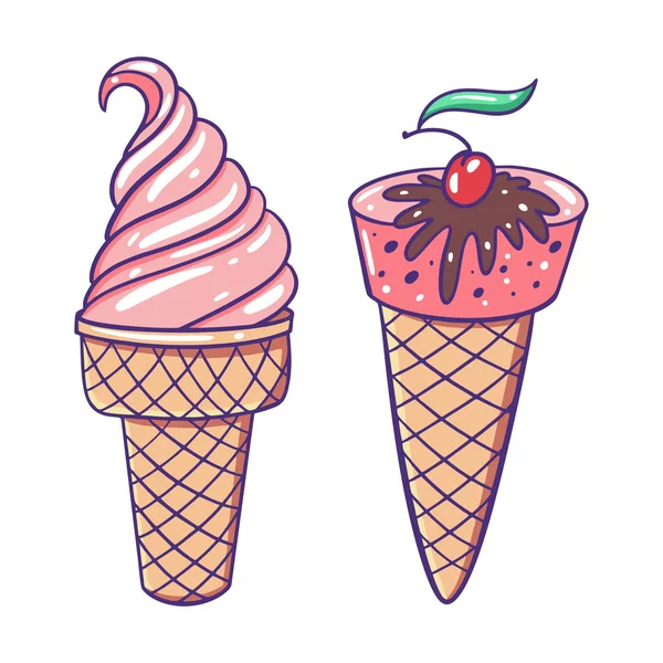 Pink Ice Cream in waffle cup and cone. Vector illustration. Flat cartoon style. — 스톡 벡터