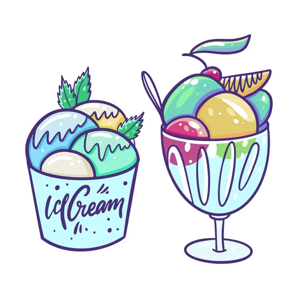 Set van lekkere Ice Cream in creamer. Vector illustratie. Cartoon stijl. — Stockvector