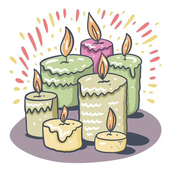 Composición de velas ardientes. Velas perfumadas para la relajación. Dibujado a mano estilo de dibujos animados. Ilustración vectorial . — Vector de stock