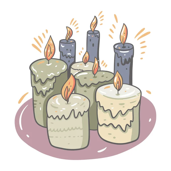 Burning candles set in concept art. Scented candles for relaxation. Hand drawn cartoon style. — 스톡 벡터