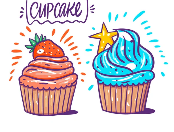 Cupcakes mit Erdbeere und blauer Sahne. handgezeichnete Vektorillustration. flacher Cartoon-Stil. — Stockvektor