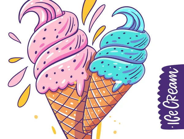 Růžová a modrá zmrzlina ve vaflovacím kuželu. Ručně kreslená vektorová ilustrace. Plochý kreslený styl. — Stockový vektor