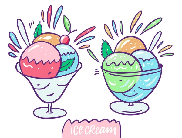 Roze, blauw, groen, gele ballen ijs en kers in glas crème. Vector illustratie. Cartoon stijl. — Stockvector
