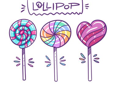 Üç sevimli gökkuşağı lolipopu. Vektör illüstrasyon seti. Çizgi film biçimi.