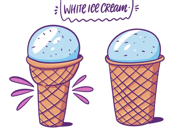 White ice cream in waffle cone. Set Vector illustration. Cartoon style. — 스톡 벡터
